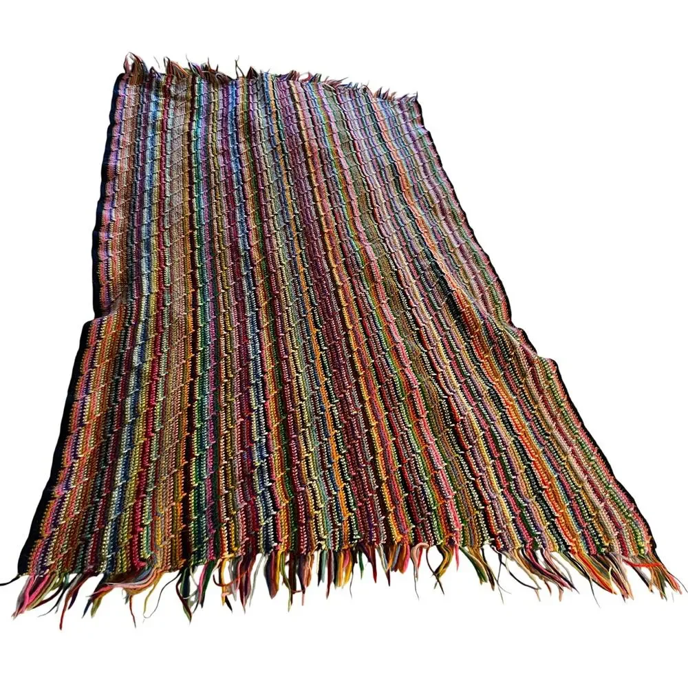 Vtg Beautiful Rainbow Weave Crochet Pattern‎ W Fringe Throw Blanket Afghan 90's